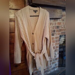 Saks Fifth Avenue Belted Cable Knit Cardigan Sweater Beige Tan Women’s L